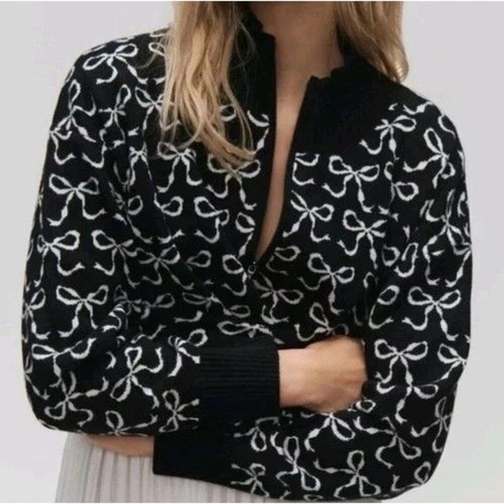 Maeve Anthropologie Bow Print Sweater Black White 1/4 Zip Mock Neck Oversized XL